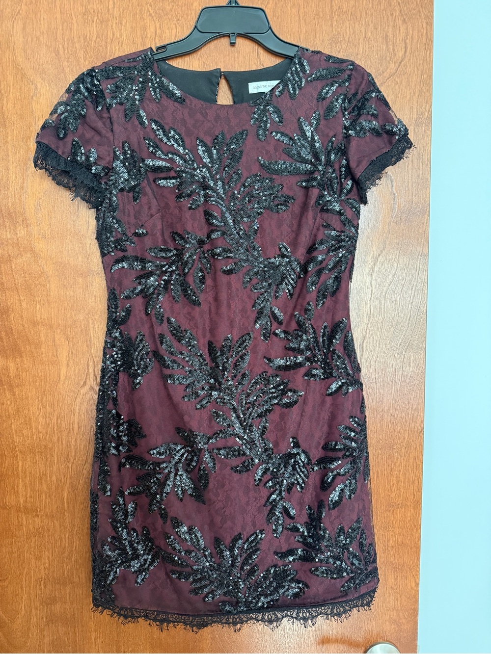 Dress the Population Burgundy Mini Dress with Black Sequin Leaf Appliqué